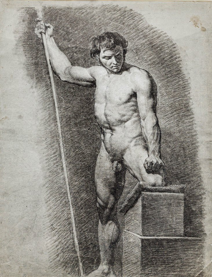 École néoclassique française vers 1820 – Nu académique en Charon, graphite