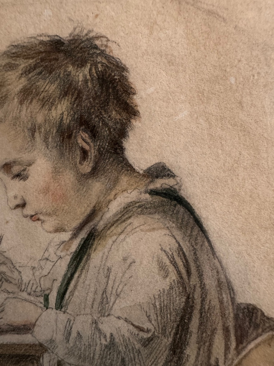 SCÈNE BIEDERMEIER AVEC UN JEUNE GARÇON EN TRAIN DE DESSINER, MILIEU DU XIXe SIÈCLE-photo-3