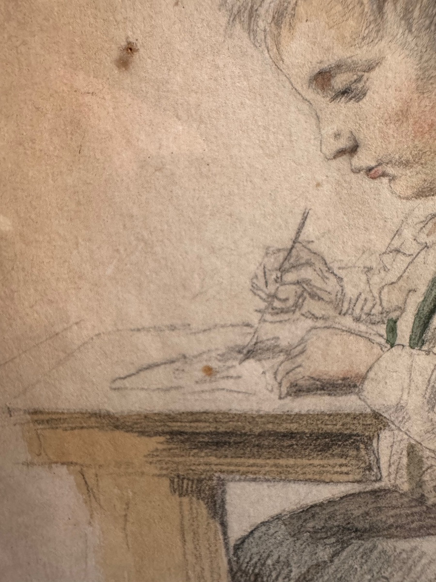 SCÈNE BIEDERMEIER AVEC UN JEUNE GARÇON EN TRAIN DE DESSINER, MILIEU DU XIXe SIÈCLE-photo-4