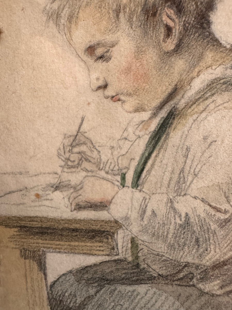 SCÈNE BIEDERMEIER AVEC UN JEUNE GARÇON EN TRAIN DE DESSINER, MILIEU DU XIXe SIÈCLE-photo-1