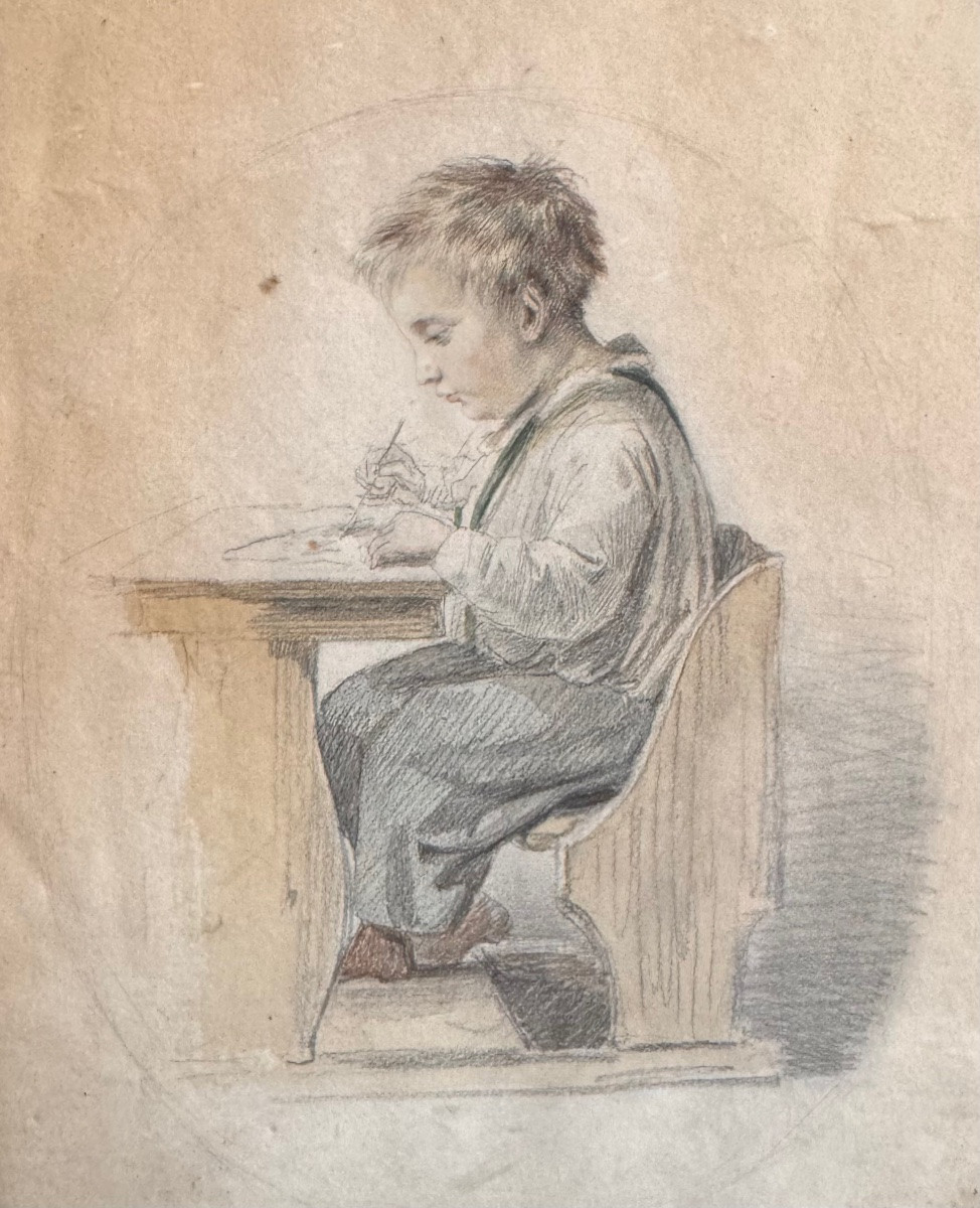 SCÈNE BIEDERMEIER AVEC UN JEUNE GARÇON EN TRAIN DE DESSINER, MILIEU DU XIXe SIÈCLE-photo-2