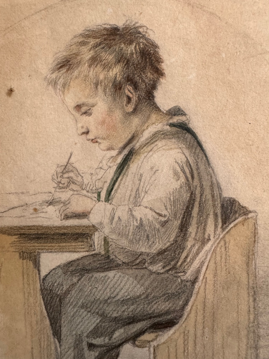 SCÈNE BIEDERMEIER AVEC UN JEUNE GARÇON EN TRAIN DE DESSINER, MILIEU DU XIXe SIÈCLE-photo-3