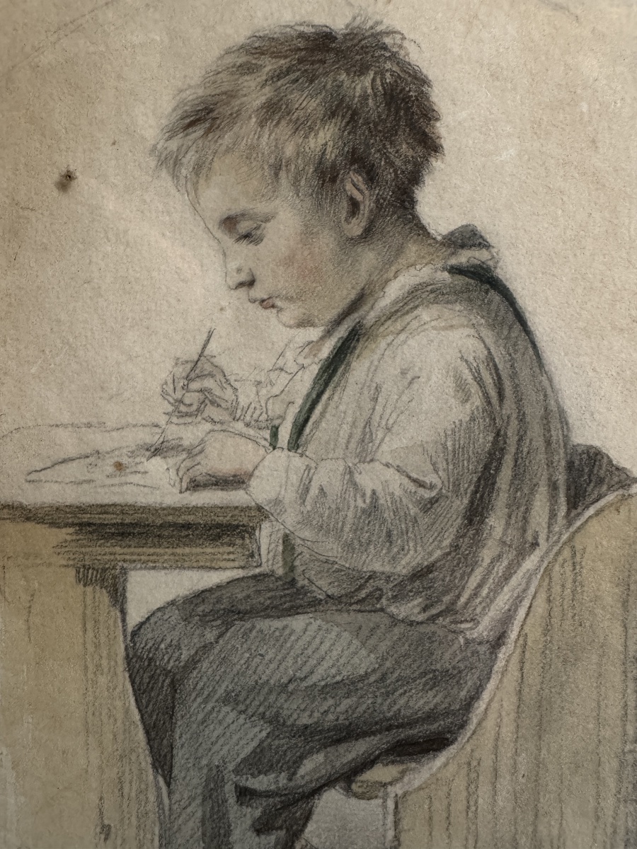 SCÈNE BIEDERMEIER AVEC UN JEUNE GARÇON EN TRAIN DE DESSINER, MILIEU DU XIXe SIÈCLE-photo-4