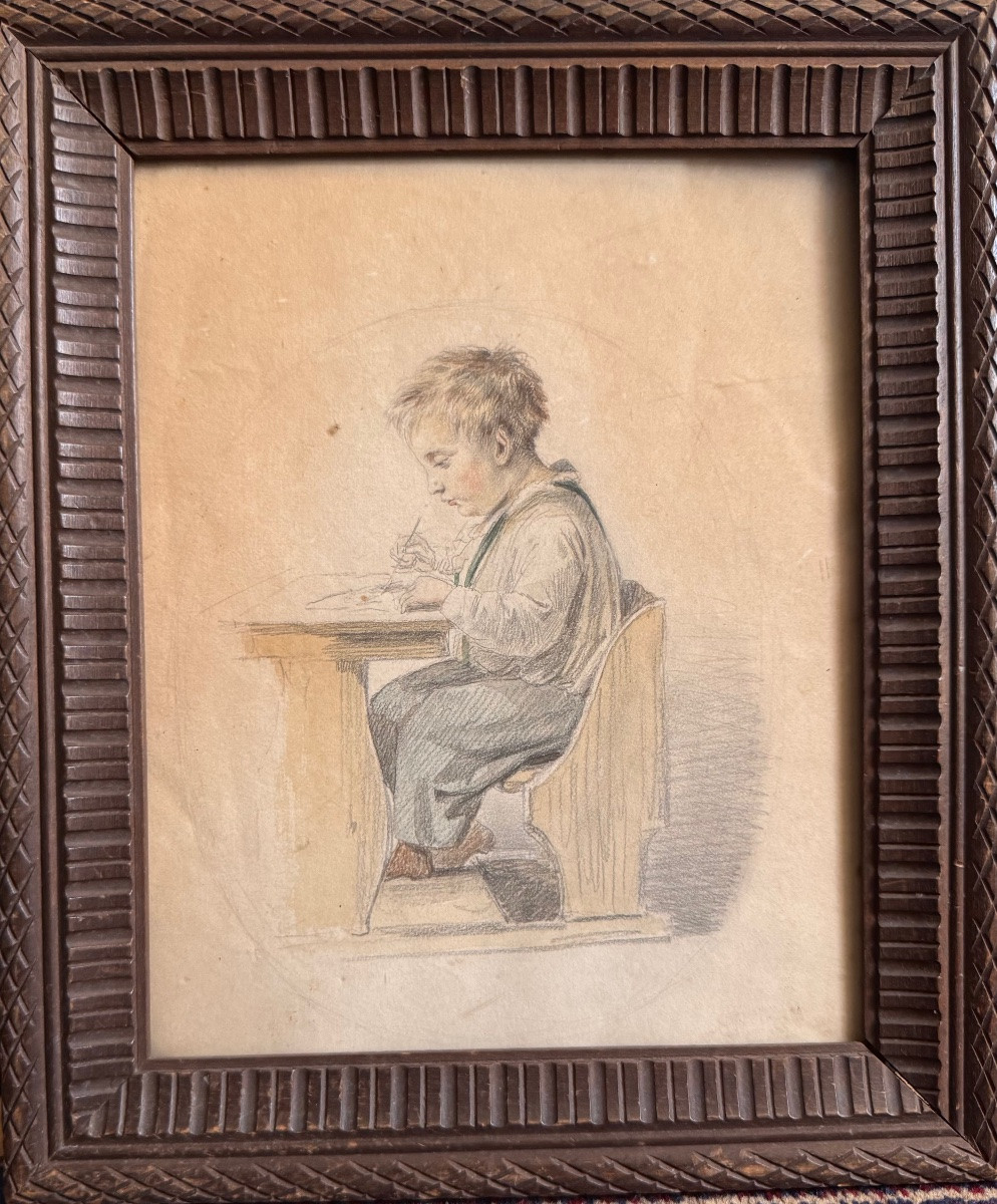 SCÈNE BIEDERMEIER AVEC UN JEUNE GARÇON EN TRAIN DE DESSINER, MILIEU DU XIXe SIÈCLE-photo-5