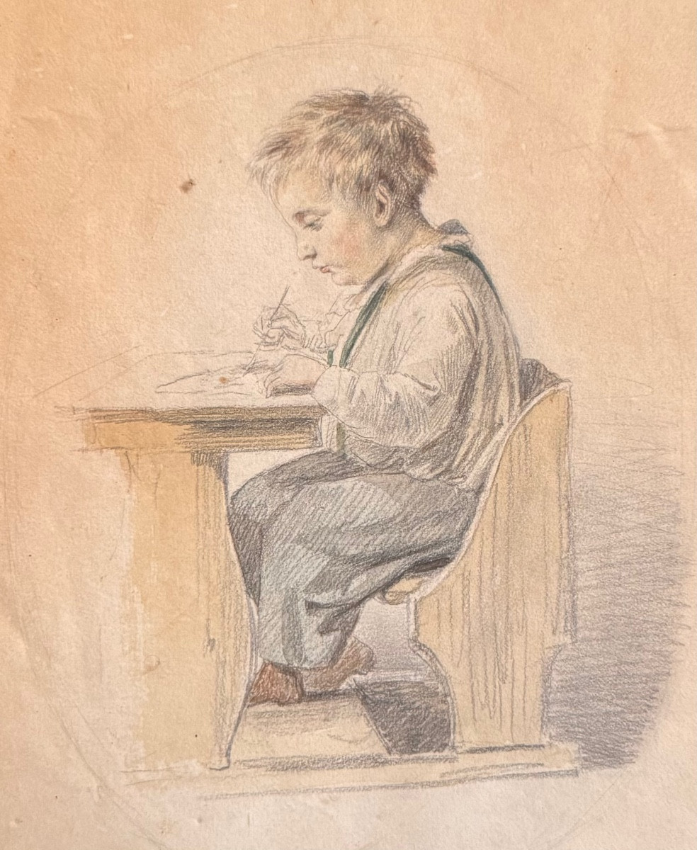 SCÈNE BIEDERMEIER AVEC UN JEUNE GARÇON EN TRAIN DE DESSINER, MILIEU DU XIXe SIÈCLE