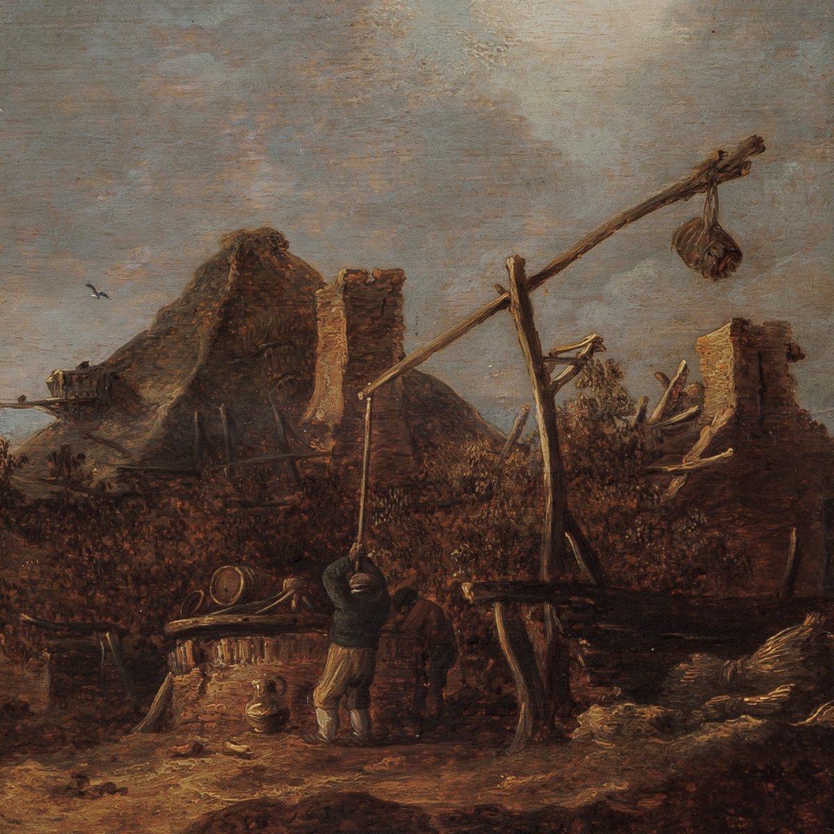 Attributed To Jan Van Goyen – Peasant Huts With A Sweep Well, Dutch Landscape, 1633-photo-3