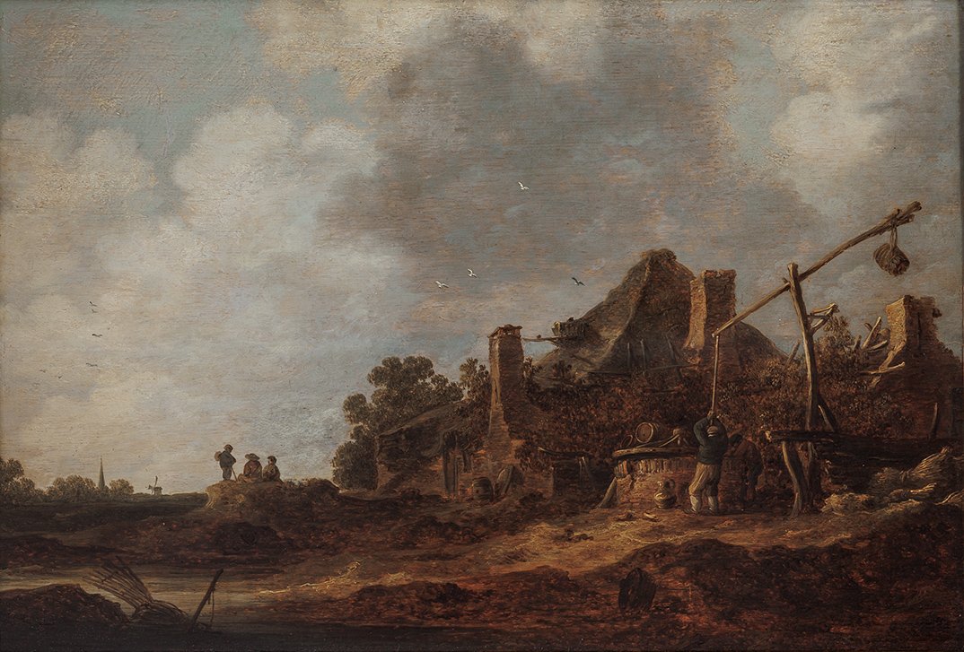 Attributed To Jan Van Goyen – Peasant Huts With A Sweep Well, Dutch Landscape, 1633