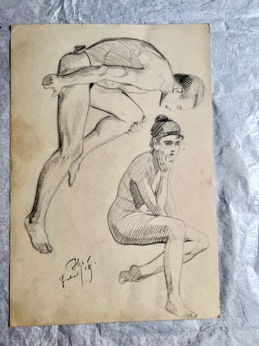 Johannes Klinka, quatre études de figures au crayon et à la sanguine, vers 1920-photo-1