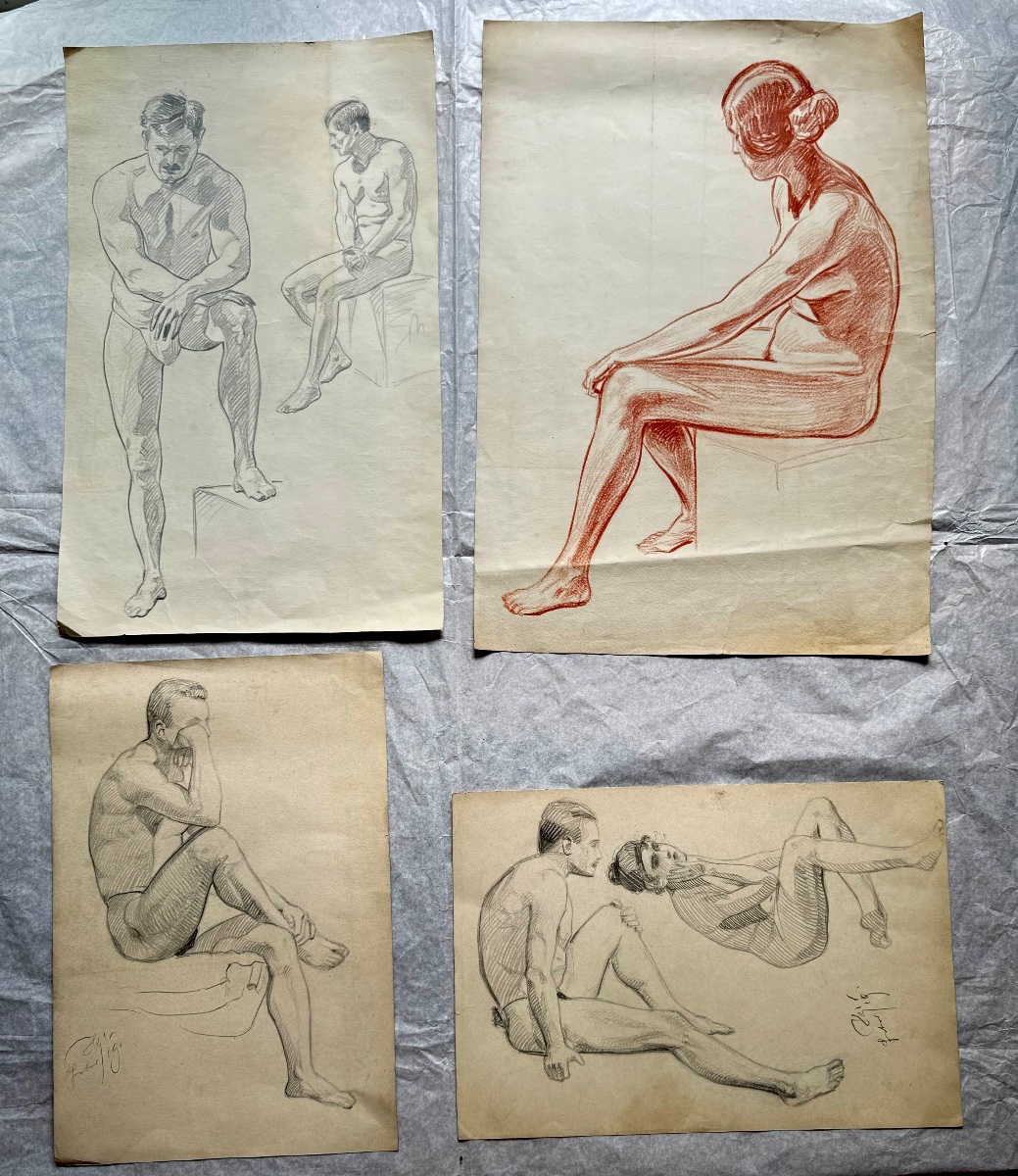 Johannes Klinka, quatre études de figures au crayon et à la sanguine, vers 1920