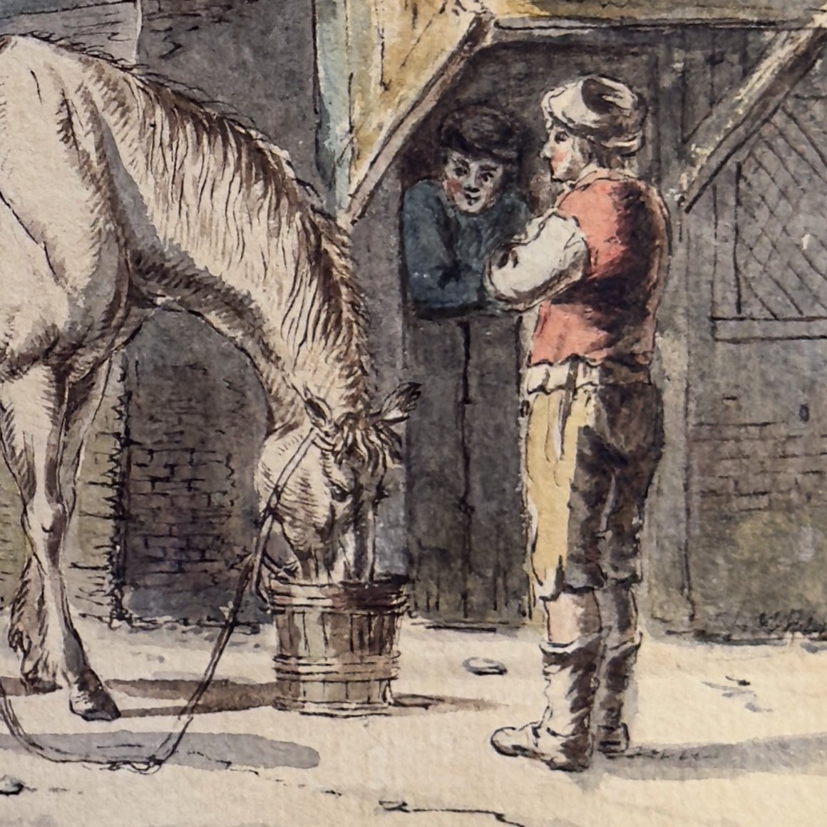 École allemande, entourage de Johann  von Dillis, Cour d’écurie avec un cheval , vers 1790–1800-photo-3