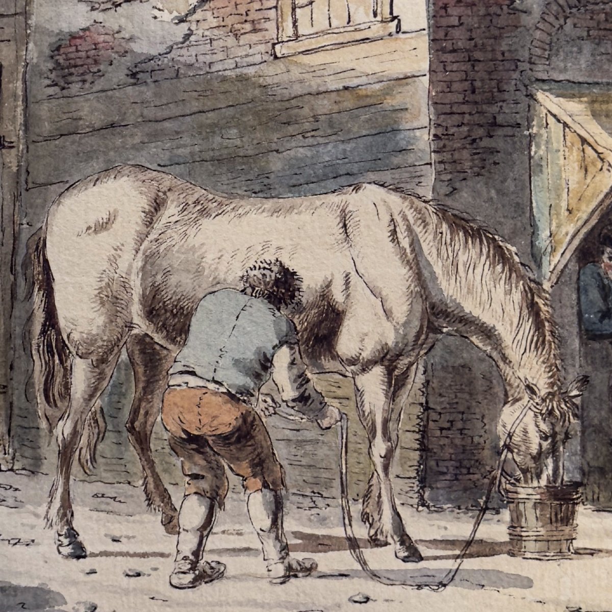 École allemande, entourage de Johann  von Dillis, Cour d’écurie avec un cheval , vers 1790–1800-photo-4