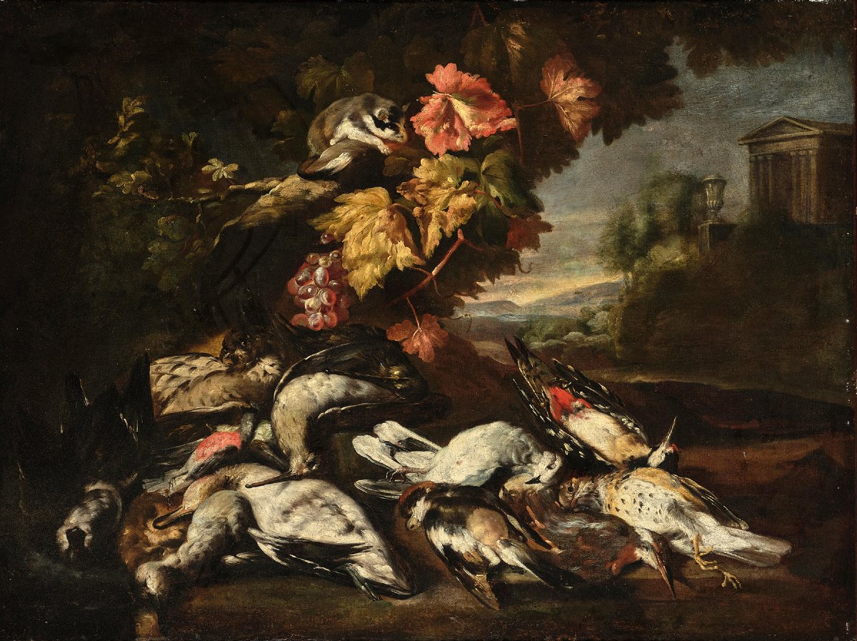 Nature morte au cochon d’Inde et trophées de chasse, Castelli attribué, XVIIe siècle