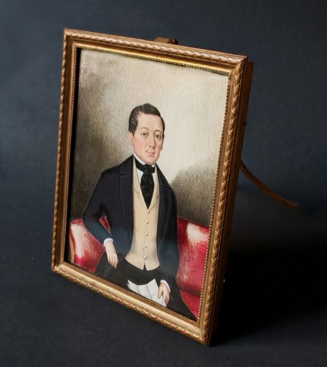 Austrian Biedermeier Miniature Portrait, Gentleman, C. 1840, Original Gilt Easel Frame-photo-2