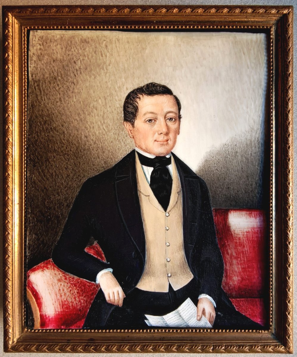 Austrian Biedermeier Miniature Portrait, Gentleman, C. 1840, Original Gilt Easel Frame-photo-4