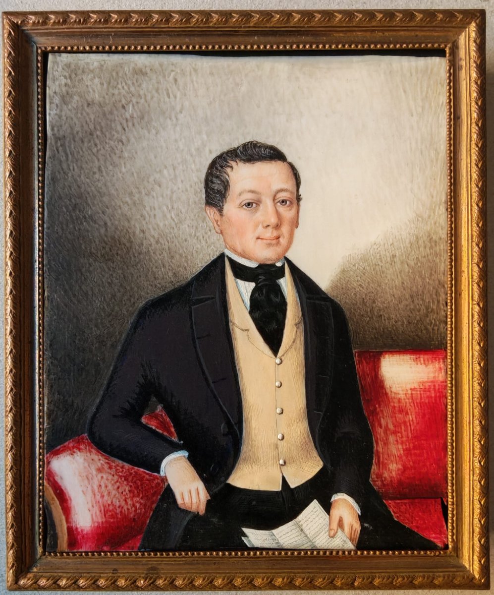 Austrian Biedermeier Miniature Portrait, Gentleman, C. 1840, Original Gilt Easel Frame