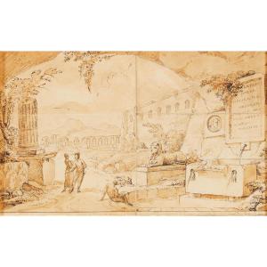 ÉCOLE ITALIENNE, fin du XVIIIe siècle, CAPRICCIO AVEC RUINES, AQUEDUC ET TEMPLE