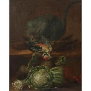 August Wilhelm Sievert, Attrib. To, Still Life With Cat, Game Bird And Vegetables