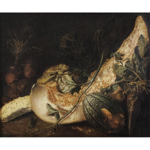 ÉCOLE ITALIENNE (NAPLES ?), XVIIᵉ siècle, NATURE MORTE À LA COURGE, AU MELON ET À L’ARTICHAUT