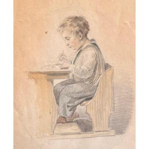 Biedermeier Scene With A Young Boy Drawing, Mid-19th Century