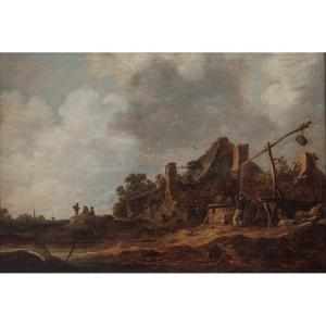 Attributed To Jan Van Goyen – Peasant Huts With A Sweep Well, Dutch Landscape, 1633