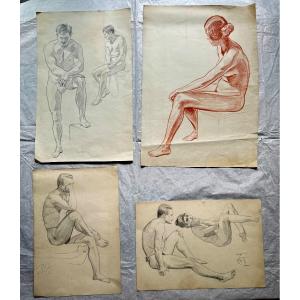 Johannes Klinka, quatre études de figures au crayon et à la sanguine, vers 1920