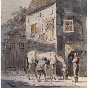 École allemande, entourage de Johann von Dillis, Cour d’écurie avec un cheval , vers 1790–1800