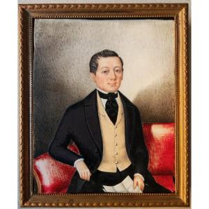 Austrian Biedermeier Miniature Portrait, Gentleman, C. 1840, Original Gilt Easel Frame
