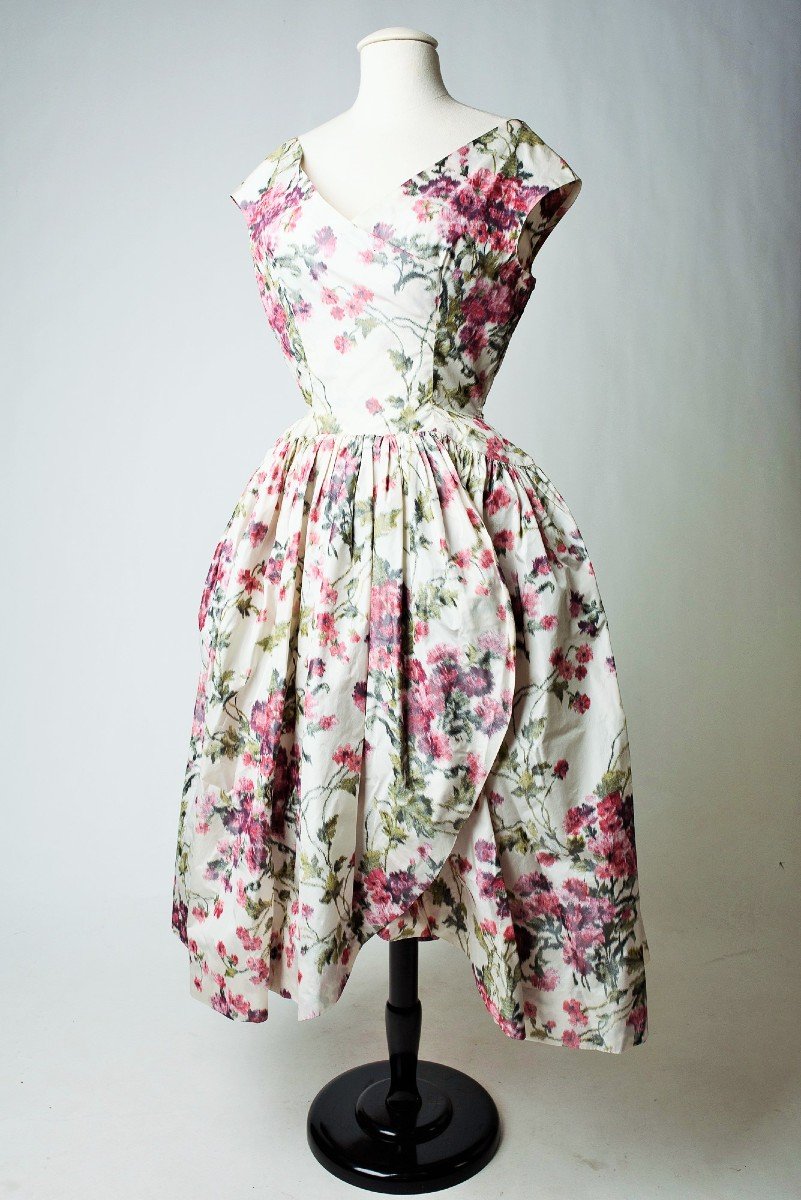 Flowery Heathered Silk Taffeta Ball Gown - France Circa 1955-photo-2