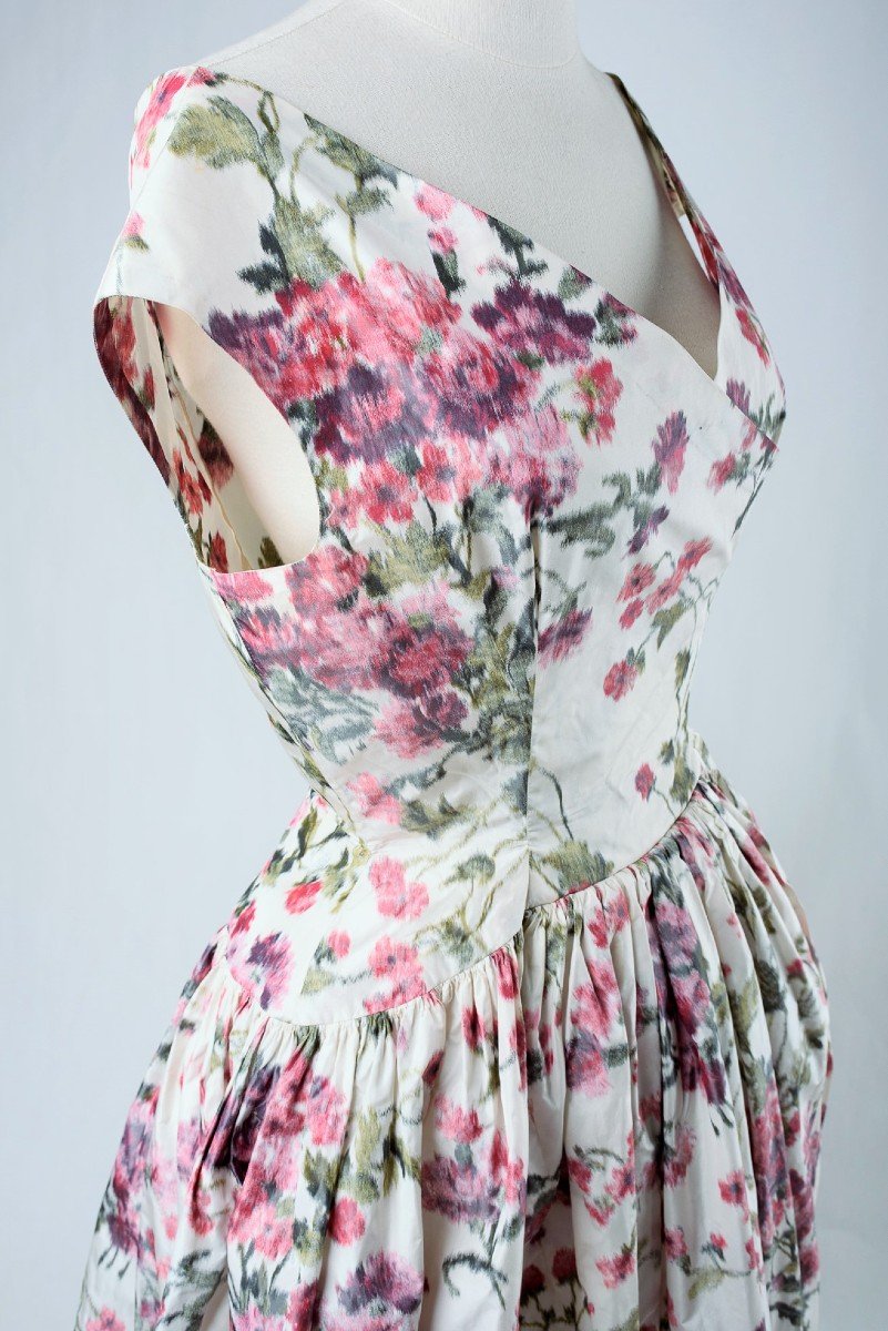 Flowery Heathered Silk Taffeta Ball Gown - France Circa 1955-photo-3