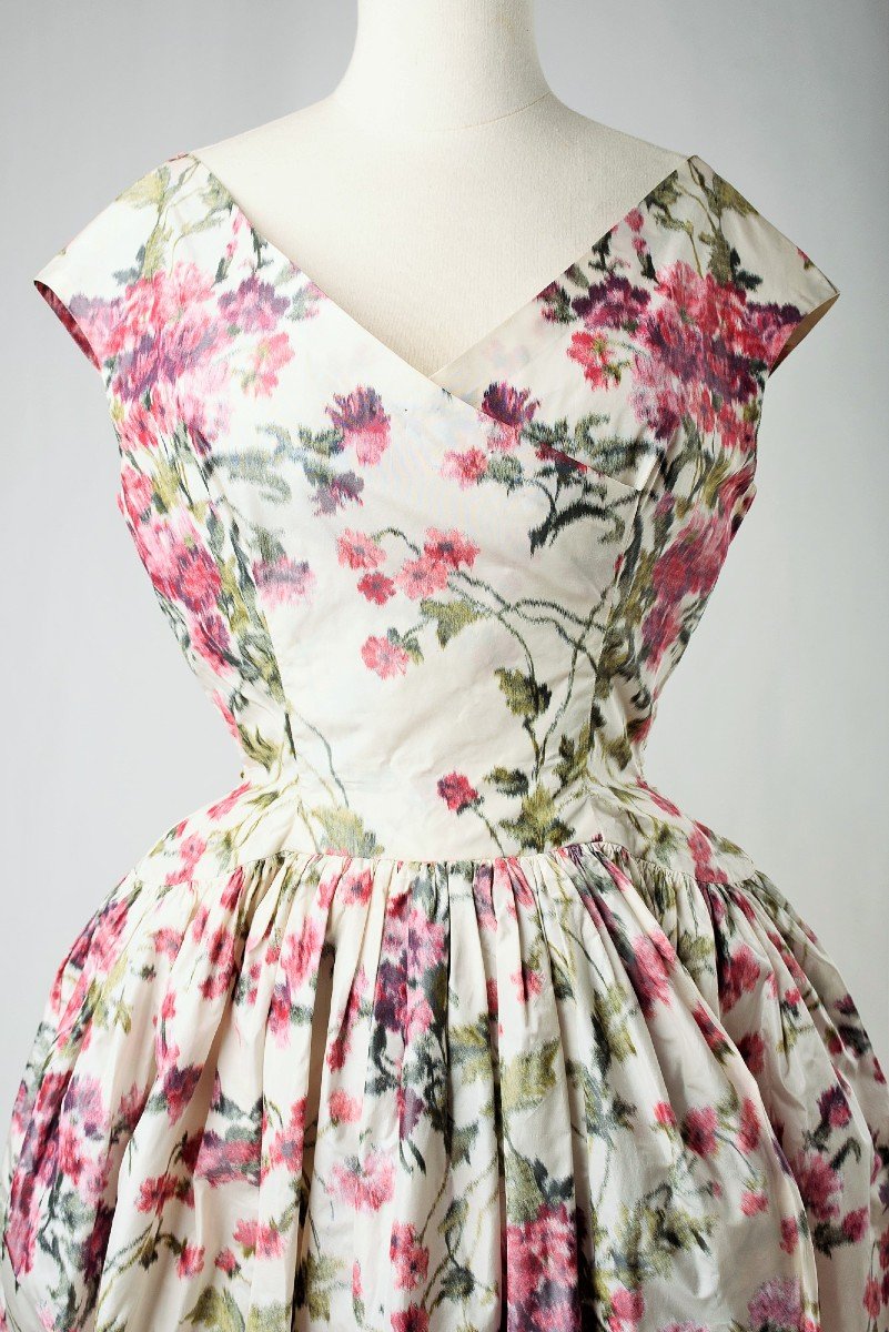 Flowery Heathered Silk Taffeta Ball Gown - France Circa 1955-photo-4
