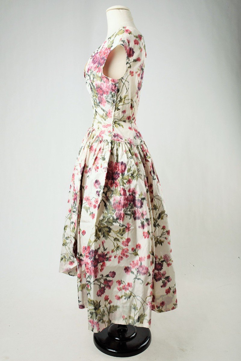 Flowery Heathered Silk Taffeta Ball Gown - France Circa 1955-photo-3