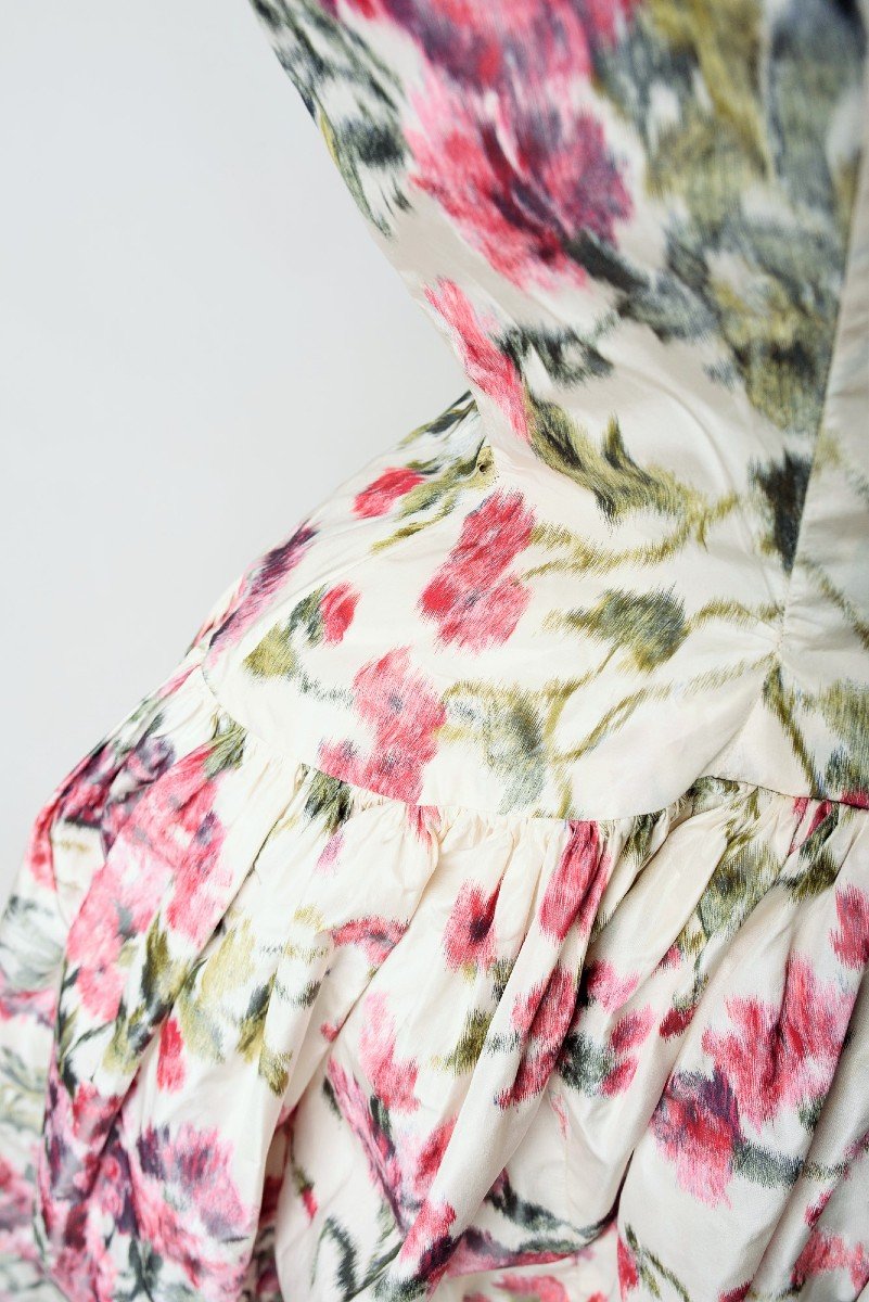 Flowery Heathered Silk Taffeta Ball Gown - France Circa 1955-photo-4