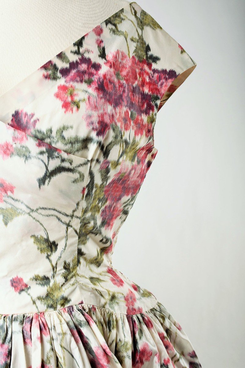Flowery Heathered Silk Taffeta Ball Gown - France Circa 1955-photo-5