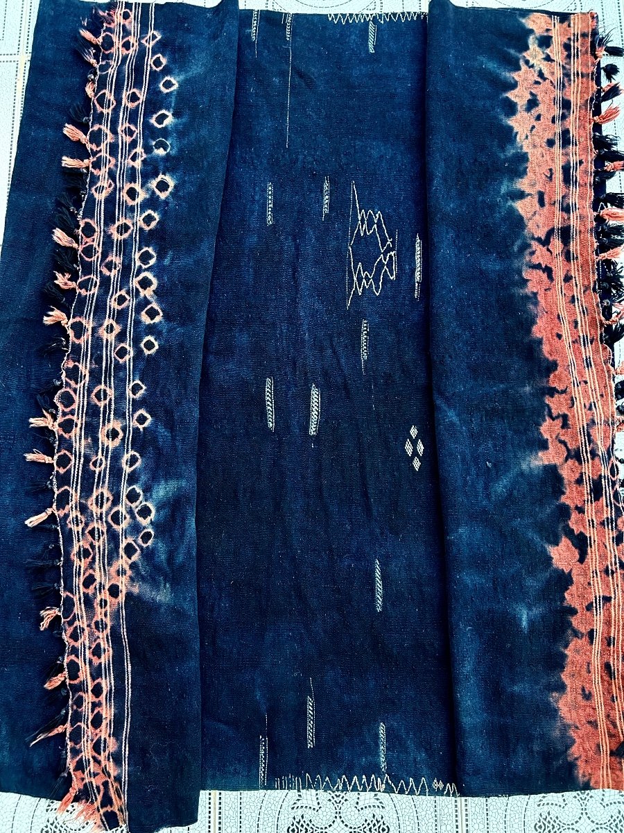 Châle Berbère En Laine Indigo Et Tie And Dye - Sud Tunisie Circa 1950-photo-2