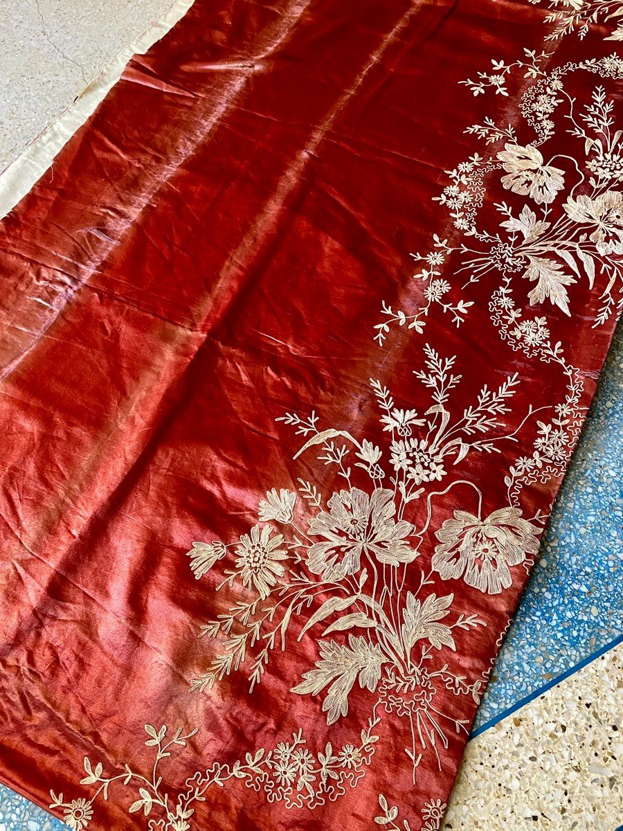 Broderie Au Point De Chaînette Sur Satin Rouille France Circa 1900/1920-photo-3