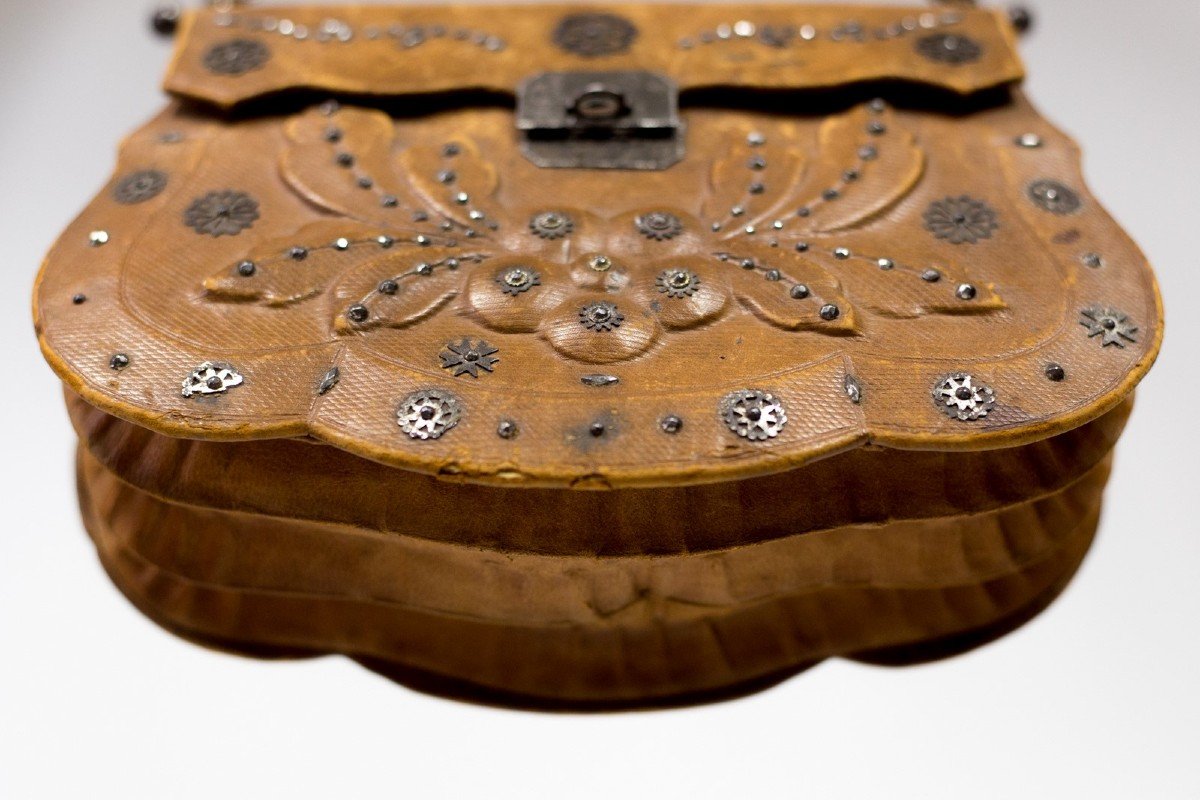 Réticule Empire En Maroquin Bosselé Sequins Et Perles d'Acier - France Circa 1795-1815-photo-4