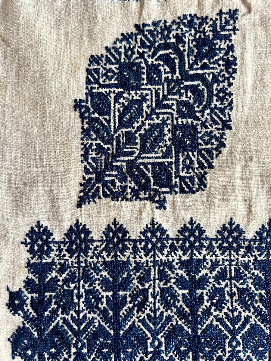 Deux Fines Broderies De Fès Réversibles Bleu Indigo - Maroc Circa 1930-photo-3