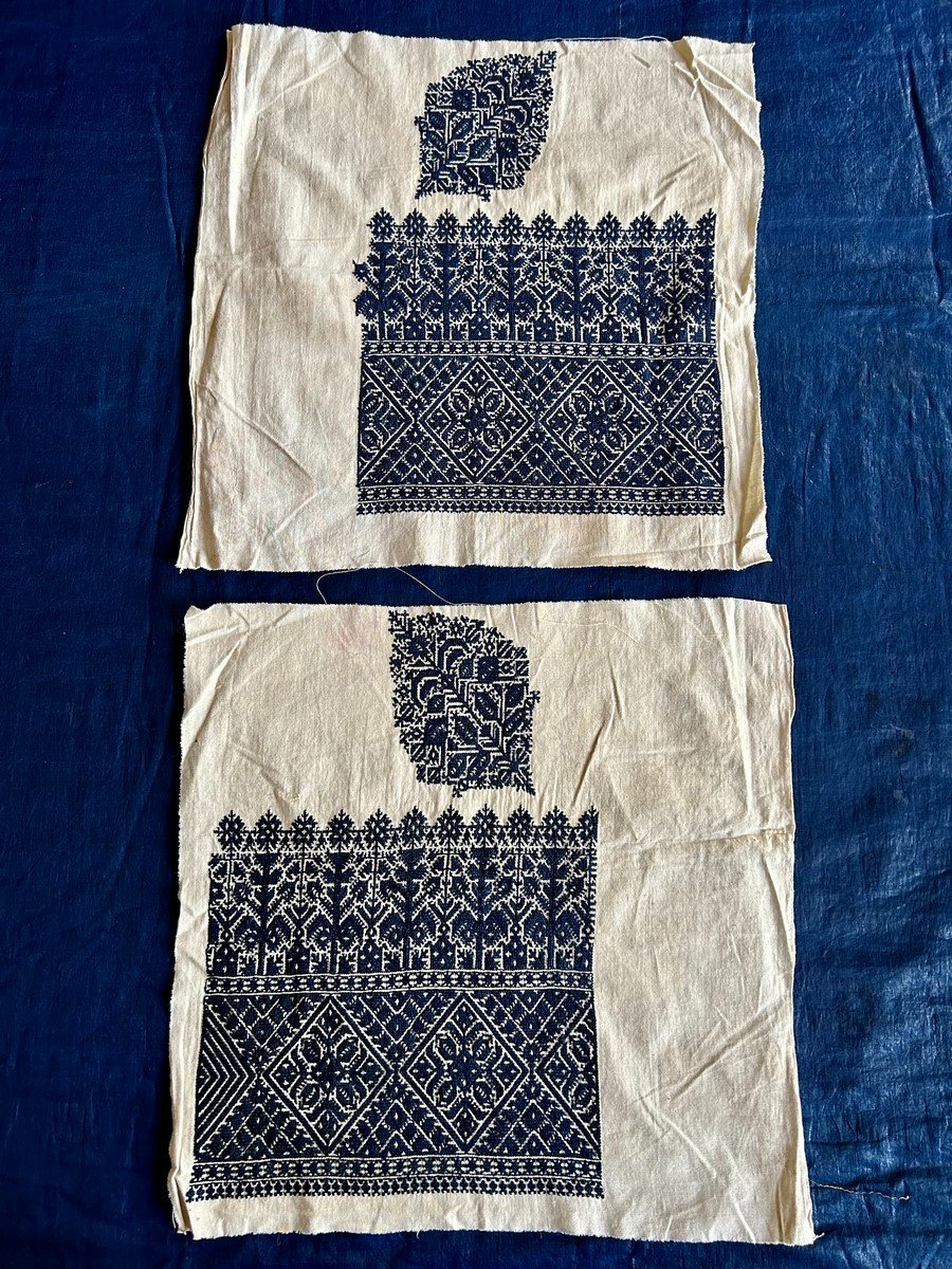 Deux Fines Broderies De Fès Réversibles Bleu Indigo - Maroc Circa 1930
