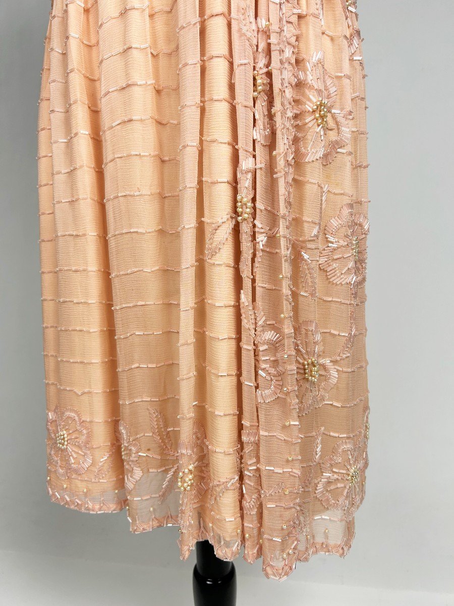 Art Deco Ball Gown In Salmon Pink Silk Crepe Embroidered With Pearls - France Circa 1920-1925-photo-4