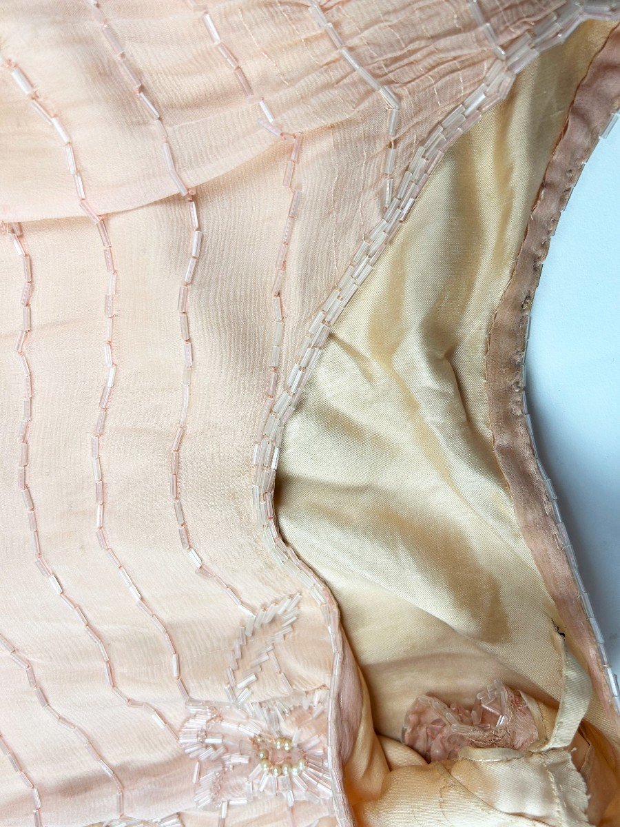 Art Deco Ball Gown In Salmon Pink Silk Crepe Embroidered With Pearls - France Circa 1920-1925-photo-1