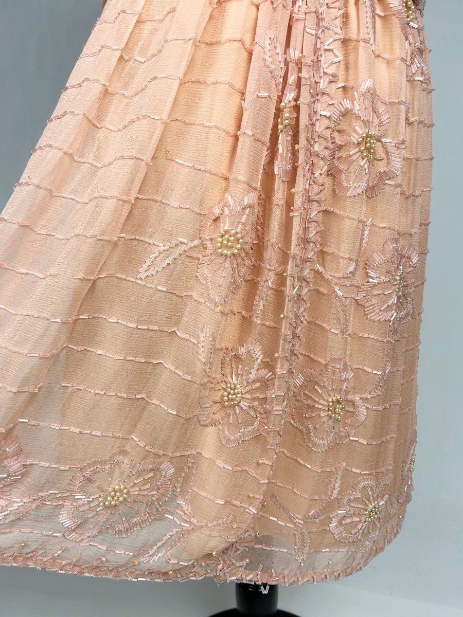 Art Deco Ball Gown In Salmon Pink Silk Crepe Embroidered With Pearls - France Circa 1920-1925-photo-3
