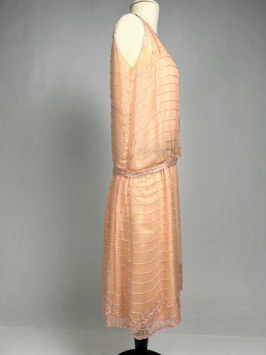 Art Deco Ball Gown In Salmon Pink Silk Crepe Embroidered With Pearls - France Circa 1920-1925-photo-5
