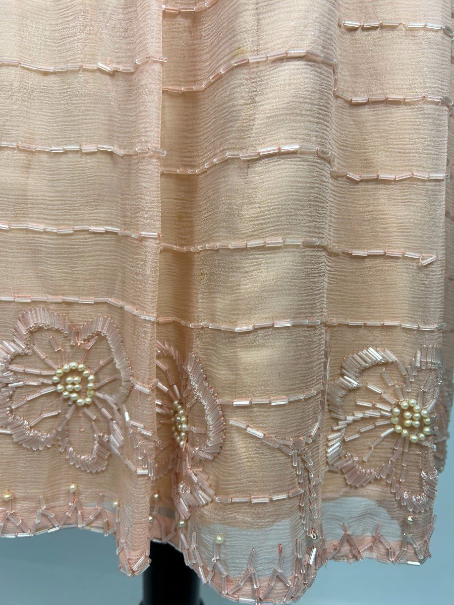 Art Deco Ball Gown In Salmon Pink Silk Crepe Embroidered With Pearls - France Circa 1920-1925-photo-7