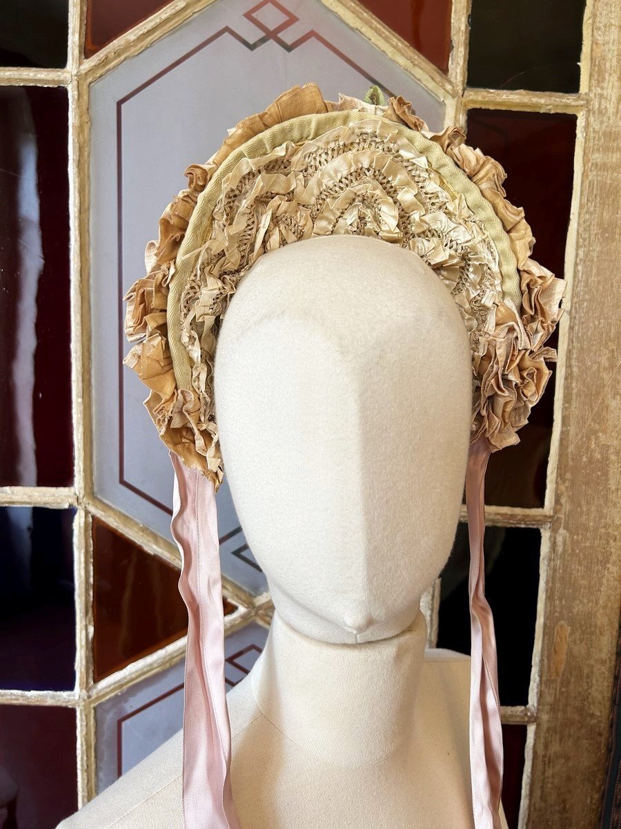Fashion Fascinator In Straw And Ruched Ribbons - France Circa 1860-photo-5