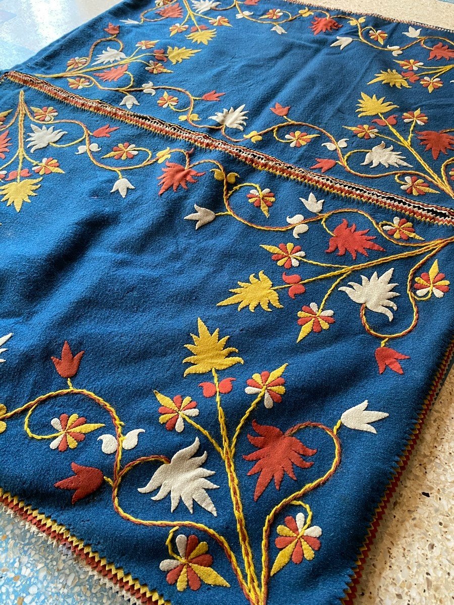 Tapis De Table En Feutre De Laine Appliqué Indigo - Art Populaire France Circa 1900-photo-3