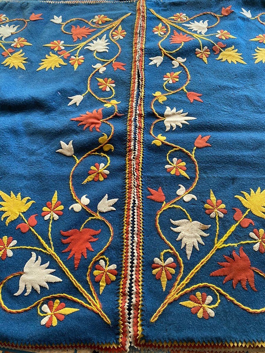 Tapis De Table En Feutre De Laine Appliqué Indigo - Art Populaire France Circa 1900-photo-3