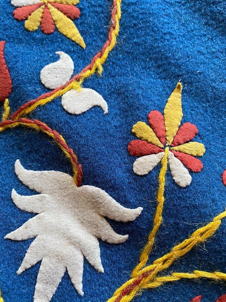 Tapis De Table En Feutre De Laine Appliqué Indigo - Art Populaire France Circa 1900-photo-8