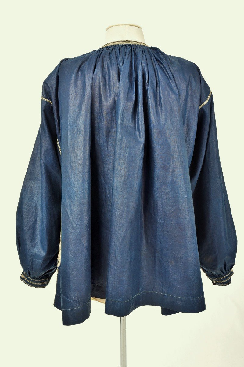A Blaude/biaude Or Party Blouse In Indigo Dyed And Embroidered Glazed Linen - Normandy Circa 1850-photo-5