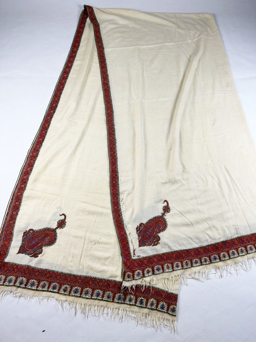 Very Long Cashmere Shawl In Amlikar Embroidered Pashmina - India Circa 1880-photo-3