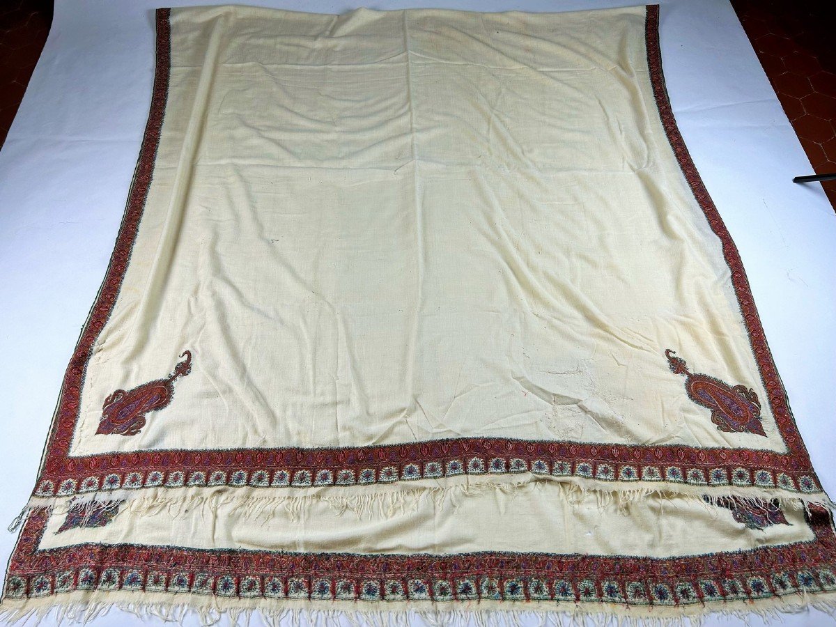 Very Long Cashmere Shawl In Amlikar Embroidered Pashmina - India Circa 1880-photo-4